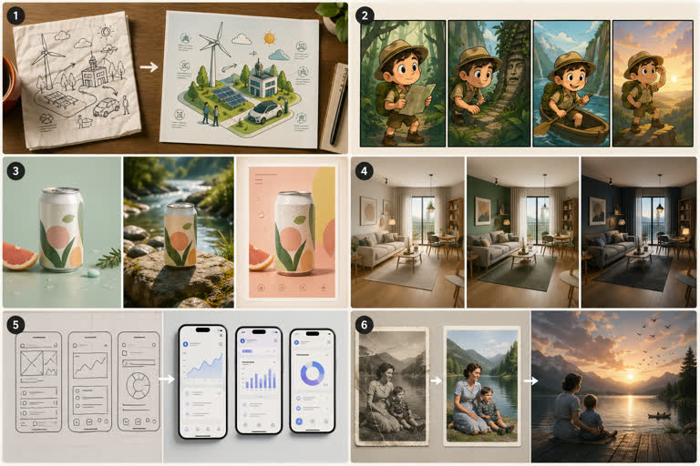 Single high-quality 2K landscape concept board showing six playful GPT Image 2 use。GPT Image 2 示例。