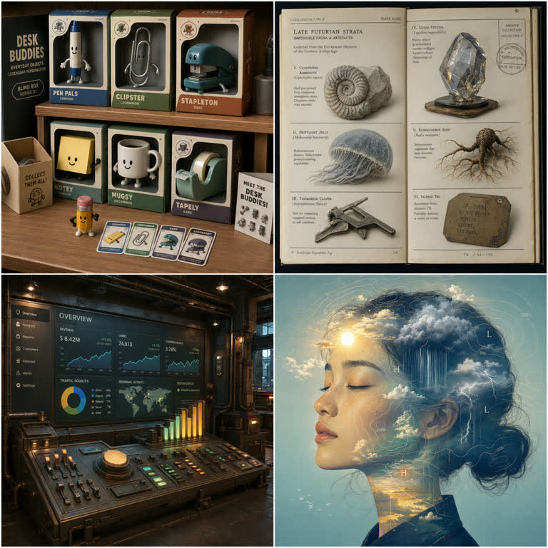 Polished 2x2 contact sheet titled visually by panel composition only, no large cap。GPT Image 2 示例。