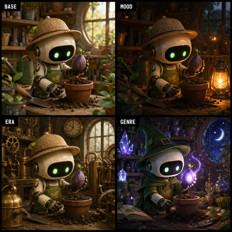 Use case: illustration-story。主题：游戏化设计、插画故事、光线与天气、写实图像、提示词玩法、故事叙事。