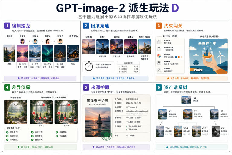 Polished 2K visual board of six DERIVED play modes based on the four new GPT-image。主题：评估与对比、游戏化设计、提示词玩法、故事叙事、字体与排版。