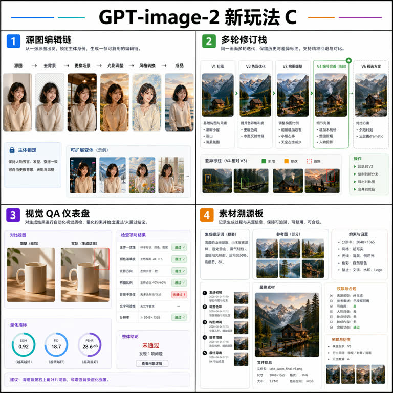 Polished 2K visual research board showing four NEW non-repeated GPT-image-2 use ca。主题：写实图像、故事叙事、字体与排版、UI 界面。