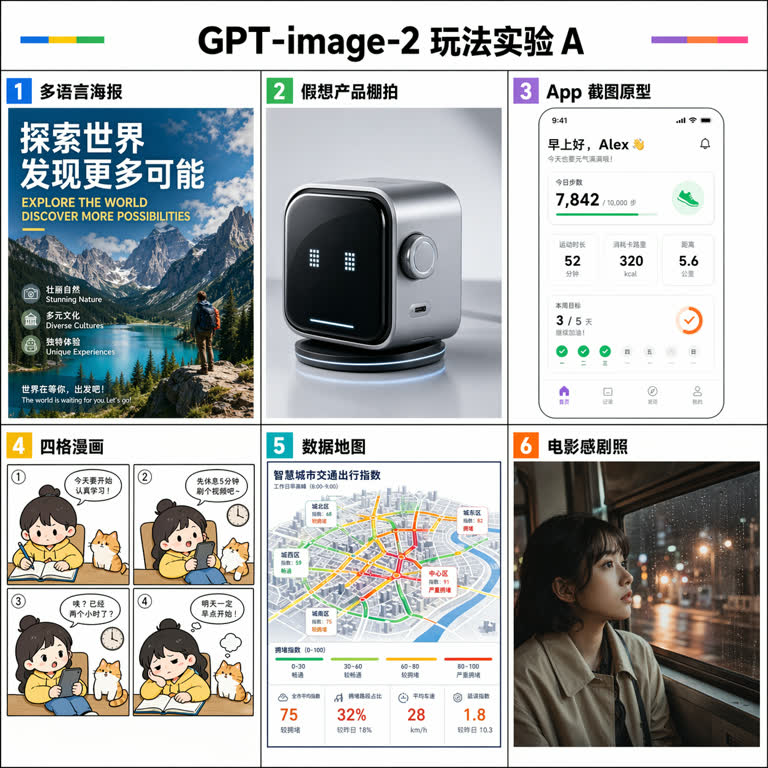 Polished 2K visual research board showing six fun GPT-image-2 use cases as a singl。主题：信息图、写实图像、故事叙事、字体与排版、UI 界面、世界观设定。