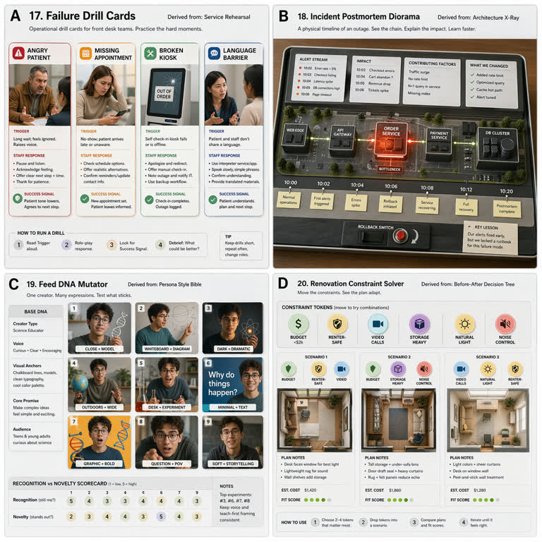 Second polished 2x2 contact sheet of DERIVED play modes from the four new GPT Imag。主题：游戏化设计、空间与室内、运营场景、生产力视觉、故事叙事、字体与排版、UI 界面、世界观设定。