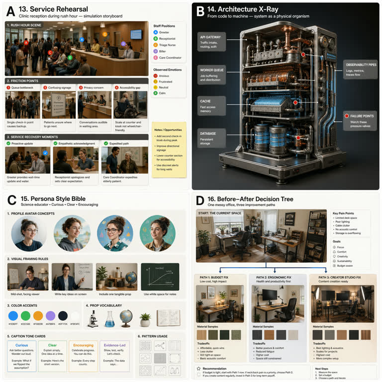Polished 2x2 contact sheet of NEW, non-repeated GPT Image 2 playground use cases。主题：游戏化设计、空间与室内、材质研究、生产力视觉、故事叙事、字体与排版、UI 界面、世界观设定。