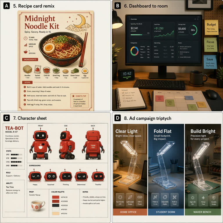 Second polished 2x2 contact sheet derived from the first group's ideas, exploring。GPT Image 2 示例。
