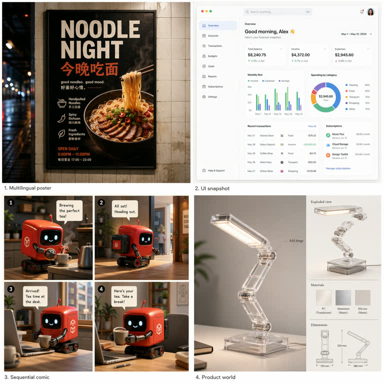 Polished 2x2 contact sheet titled only with small unobtrusive labels, showing four。GPT Image 2 示例。