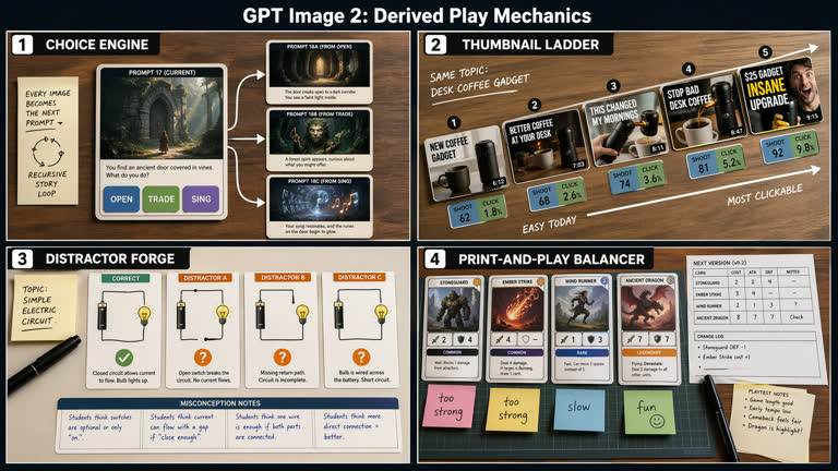 Polished 2x2 contact sheet titled "GPT Image 2: Derived Play Mechanics"。GPT Image 2 示例。