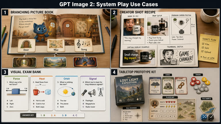 Polished 2x2 contact sheet titled "GPT Image 2: System Play Use Cases"。GPT Image 2 示例。
