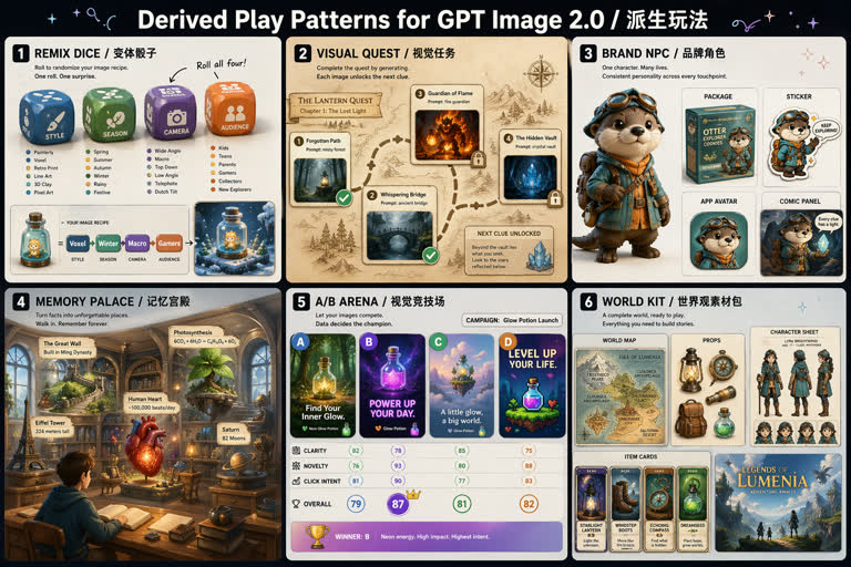 Second polished 2x3 visual research contact sheet titled "Derived Play Patterns fo。GPT Image 2 示例。