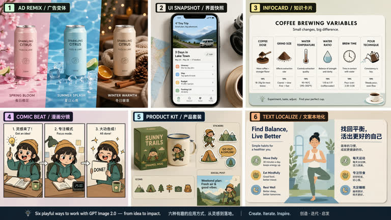 Polished 2x3 visual research contact sheet showcasing six playful GPT Image 2。GPT Image 2 示例。