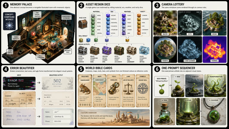 Polished 2x3 contact sheet of six NEW derived playful GPT Image 2 workflows, avoid。GPT Image 2 示例。
