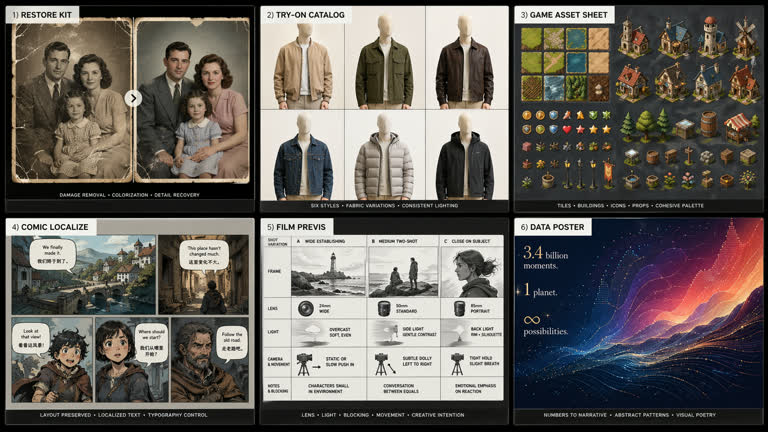 Polished 2x3 contact sheet of six NEW GPT Image 2 use-case concepts that explicitl。GPT Image 2 示例。