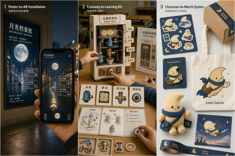 Single high-resolution 3-panel derived-play concept board。GPT Image 2 示例。