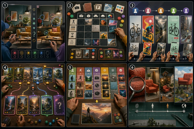 Single high-quality 2K landscape concept board showing six NEW derivative game-lik。GPT Image 2 示例。