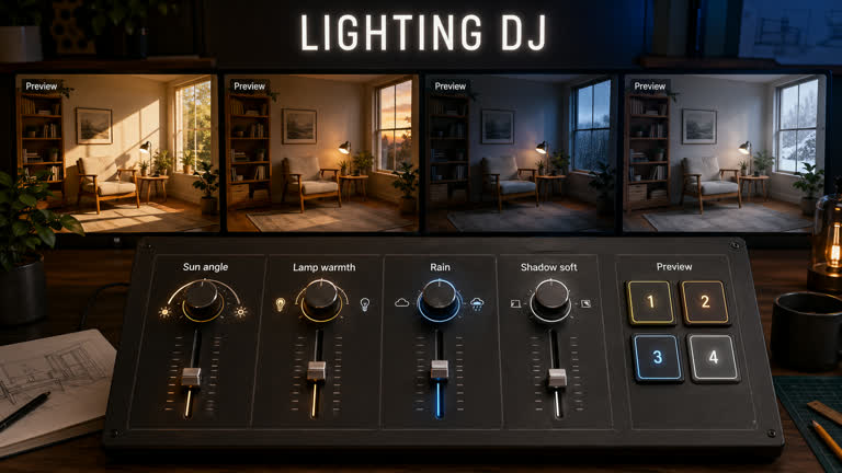 Use case: lighting-weather。主题：空间与室内、光线与天气、写实图像、UI 界面。