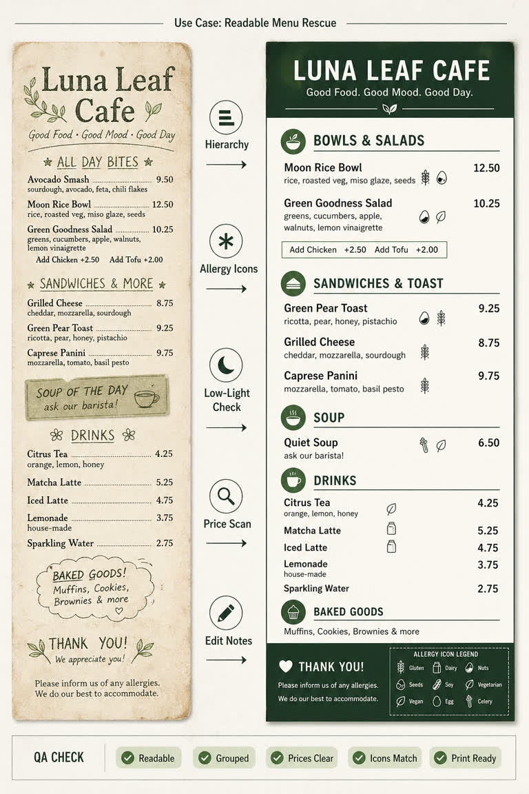 Use Case: Readable Menu Rescue. GPT Image 2 example.
