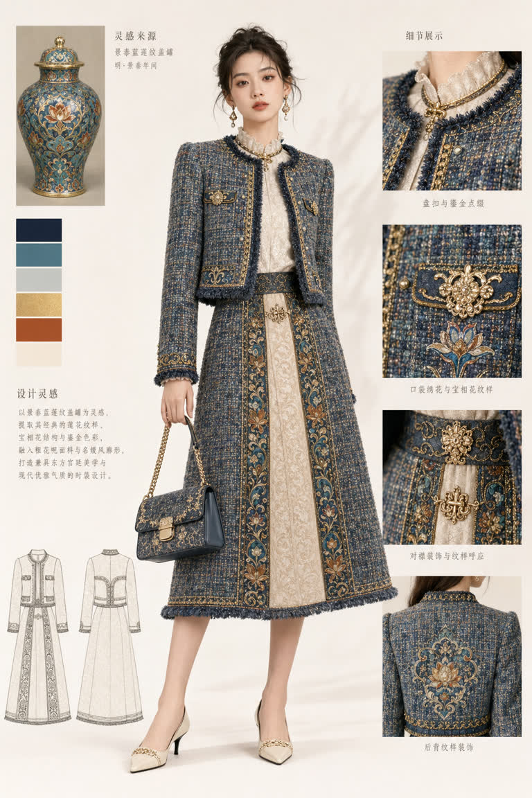 GPT Image 2 palace-artifact-inspired tweed fashion design. GPT Image 2 example.