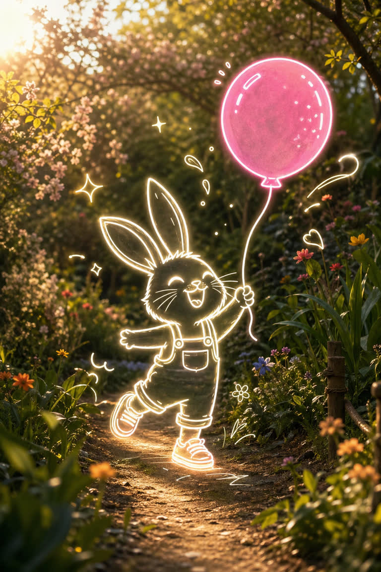 GPT Image 2 neon rabbit in a real bokeh garden. GPT Image 2 example.