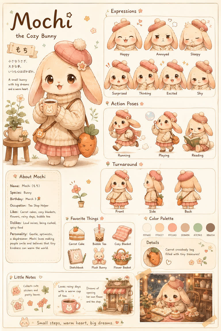GPT Image 2 cozy kawaii character design sheet. GPT Image 2 example.